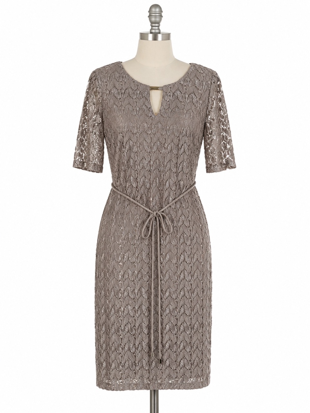 Sandra Darren Taupe Metallic Lace Dress 6 Belted